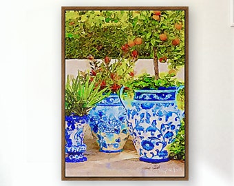 Orange trees in chinoiserie pots, large original painting on canvas