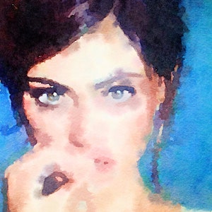 May include: A watercolour portrait of a person with dark hair and pale skin, looking directly at the viewer. The artwork has a blue background and soft, blended colours, creating a contemplative mood.