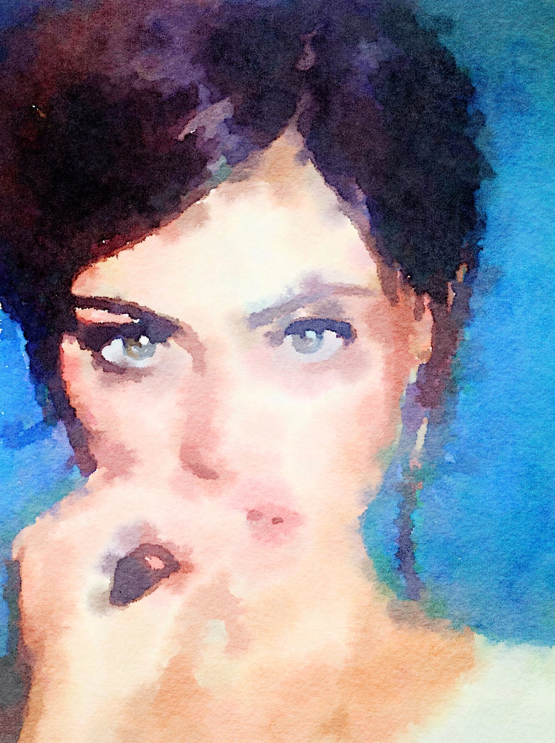 May include: A watercolour portrait of a person with dark hair and pale skin, looking directly at the viewer. The artwork has a blue background and soft, blended colours, creating a contemplative mood.