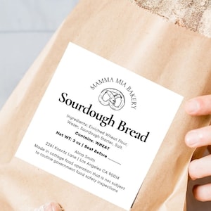 Sourdough Ingredient Label Card, Cottage Law Label, Custom Stickers For Home Baker or Bakery; Printable Template, Bread Care Instruction