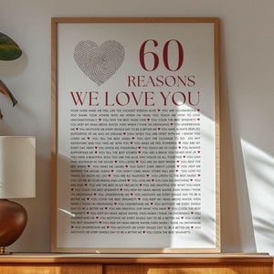 60 Reasons We Love You, 60th Birthday Printable Gift, Custom 50th Birthday Present, Custom 40th Birthday Party Decor, 60th Anniversary Gift