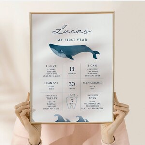 Erster Geburtstag Meilenstein Poster Brett Vorlage, Wal Nautik Blau, Meer Ozean Thema Druckbare bearbeitbare Jungen oder Mädchen Geburtstag Meilenstein Stats