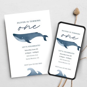 Convite editável de aniversário de baleia, festa de primeiro aniversário do oceano, convite náutico, festa de animais do oceano, fundo do mar, convite de cartão para impressão