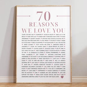 70 Reasons why we love you, 70th Birthday gift for grandma, 80 Things we love about you wall art, Anniversary gift, Custom printable poster