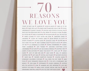 70 Reasons why we love you, 70th Birthday gift for grandma, 80 Things we love about you wall art, Anniversary gift, Custom printable poster