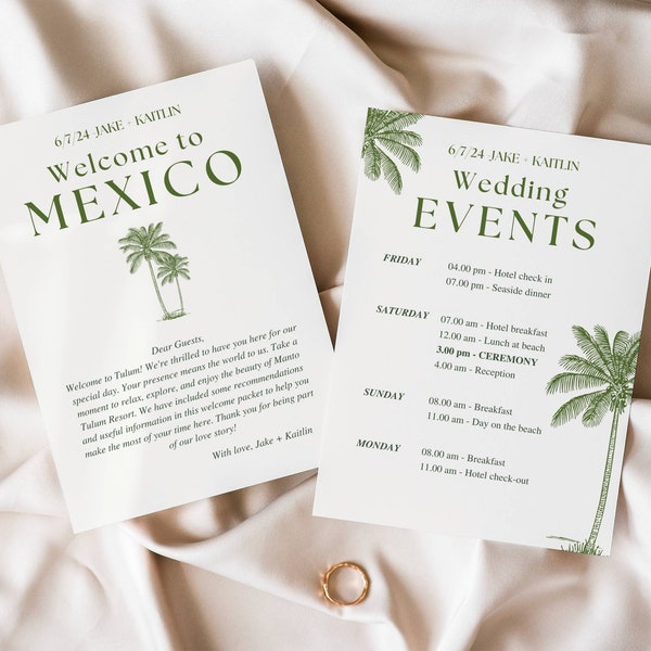 Carta de bienvenida minimalista moderna y plantilla de cronograma, información de la boda de destino, orden de eventos de la boda en México, itinerario - Tarjeta y móvil