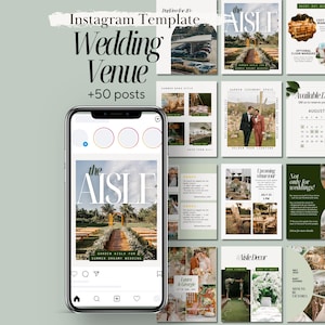 May include: A digital Instagram template set for a wedding venue, featuring a variety of layouts. The main image shows a phone displaying a post with the text "the AISLE". Other posts include venue details, FAQs, and available dates.