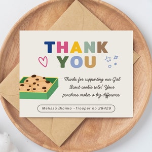 Bearbeitbares Cookie-Dankeschön-Tag, Scout-Cookie-Verkaufskarte, Cookie Booth-Verkäufe, Fundraiser-Dankeschön-Unterstützung, Back-Verkaufs-Auftragsnotiz, sofortiger Acces
