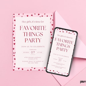 Ulubione rzeczy Walentynki Galentine Party Invitation, Nowoczesny szablon Canva, Urocze edytowalne do wydrukowania lub cyfrowe zaproszenie na wydarzenie dla dziewczyn