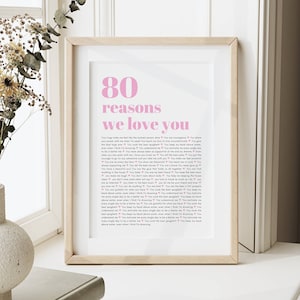 May include: A framed print with a pink background and white text. The text reads "80 reasons we love you" and lists 80 reasons in a pink font.