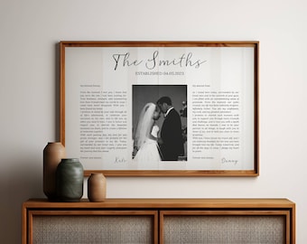 May include: A framed black and white wedding photo of a couple with a handwritten message below the photo. The message reads "The Smiths Established 04.05.2023".