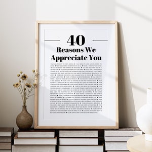 Cadeau 40 raisons pour lesquelles nous vous apprécions, affiche personnalisée imprimable, carte de remerciement enseignant, appréciation du patron, fête de retraite