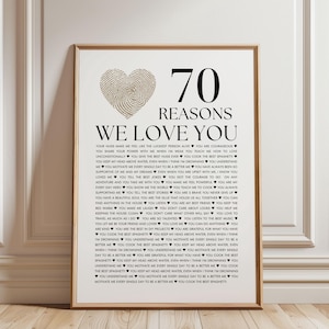 70 razones por las que te amamos para imprimir: regalo personalizado para el 70.° y 75.° cumpleaños, regalo personalizado para el 60.° aniversario, regalo de último momento para decoración de fiestas