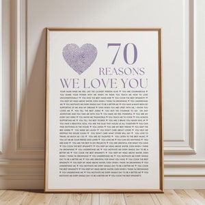 Pôster personalizado de 70 razões pelas quais te amamos, aniversário de 70 anos da mamãe, 70 coisas sobre o aniversário do papai, presente de aniversário de 70 anos para marido, esposa e tia