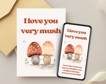 Mushroom Valentines Day Card 5x7, Love You Very Mush, Cute Mushroom Foldable Card Template, Printable DIY Valentines Funny E-card, Love Gift