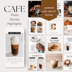 May include: A collage of Instagram posts for a cafe featuring images of coffee, pastries, and text overlays. The text includes "Cafe", "Posts", "Stories", "Highlights", "Creamy Frappe", "Special Menu", "The Croissant Sandwich", "Barista Pick for Today", "Load Coffee Wars", and "Special Offer".
