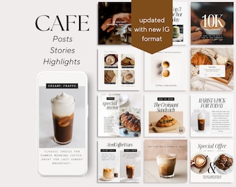 May include: A collage of Instagram posts for a cafe featuring images of coffee, pastries, and text overlays. The text includes "Cafe", "Posts", "Stories", "Highlights", "Creamy Frappe", "Special Menu", "The Croissant Sandwich", "Barista Pick for Today", "Load Coffee Wars", and "Special Offer".