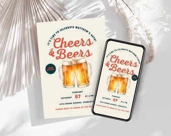 Cheers and Beers - Any Age Adult Invitation Instant Download, Cheers to 50 Years Invitation, Beer 40th Invite Editable Template Man Birthday