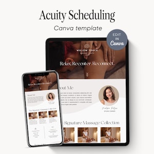 May include: A digital mockup of a website template for Acuity Scheduling, designed in Canva. The image shows a tablet and a smartphone displaying the website layout, with the text "Relax. Recenter. Reconnect."
