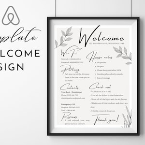 szablon airbnb na znak powitalny, edytowalny plakat z zasadami domu, do wydrukowania dla vrbo, znak hasła wifi, edytowalne instrukcje dotyczące wymeldowania canva