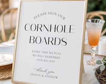 Cornhole Guestbook Sign: Elegant and Minimalistic Sign - Edit in Canva or Print PDF Wedding Game Sign, Outdoor Wedding Cornhole Guestbook