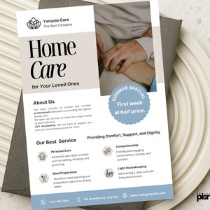 Servicio de atención domiciliaria para personas mayores: plantilla editable para folleto, diseño de plantilla de bricolaje para cuidadores, asistencia médica en el hogar para residencias de ancianos