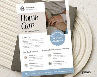 Home Care Service for Elderly - Editable Template for Flyer, Caregiver DIY Template Design, Medial Home Assistance for Seniors Nursing Home