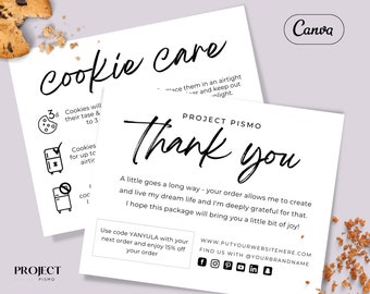 Cookie care card and Thank you note for customer, Canva template, Home Bakery Guide, Order Insert Instruction, Pastry Storage Info Printable