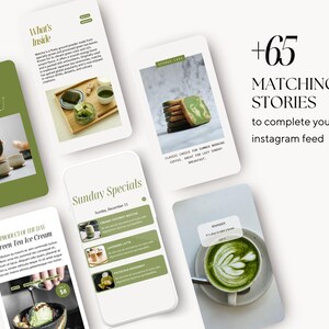 Pode incluir: Uma cole&ccedil;&atilde;o de modelos de hist&oacute;rias do Instagram com sorvete de ch&aacute; verde, lattes de matcha e biscoitos. O texto nos modelos inclui "Novo menu", "O que est&aacute; dentro", "Especiais de domingo" e "Produto do dia".