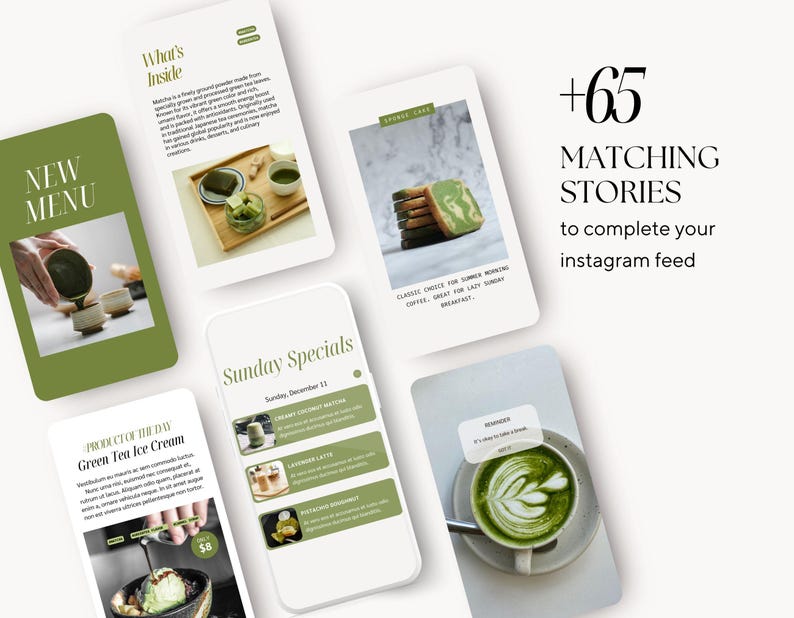 Pode incluir: Uma cole&ccedil;&atilde;o de modelos de hist&oacute;rias do Instagram com sorvete de ch&aacute; verde, lattes de matcha e biscoitos. O texto nos modelos inclui "Novo menu", "O que est&aacute; dentro", "Especiais de domingo" e "Produto do dia".