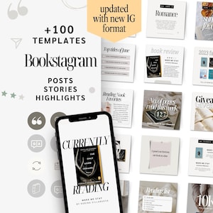 May include: A collection of 100+ Bookstagram templates for posts, stories, and highlights. The templates are updated with a new Instagram format. The image shows a variety of templates with different themes, including romance, summer favorites, book reviews, and giveaways.