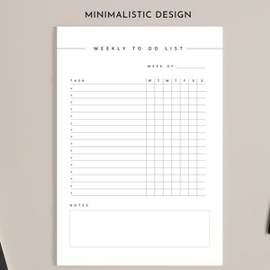 May include: A printable weekly to-do list template with a minimalist design. The template includes a section for tasks and a notes section. The days of the week are listed across the top: Monday, Tuesday, Wednesday, Thursday, Friday, Saturday, Sunday.
