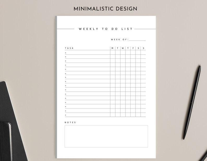 May include: A printable weekly to-do list template with a minimalist design. The template includes a section for tasks and a notes section. The days of the week are listed across the top: Monday, Tuesday, Wednesday, Thursday, Friday, Saturday, Sunday.