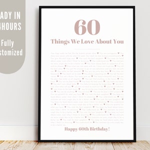 60 dingen die we leuk vinden aan jou, afdrukbaar cadeau voor oma, 70 redenen waarom we van je houden voor moeder, cadeau moeders thuis afdrukken, gepersonaliseerde poster