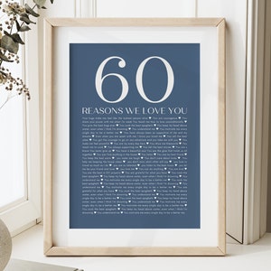 60 razones por las que te amamos, regalo imprimible para 60 cumpleaños, regalo personalizado para 50 cumpleaños, decoración personalizada para fiesta de 40 cumpleaños, regalo para 60 aniversario