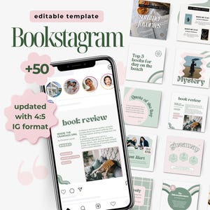 Groovy Bookstagram-berichtsjablonen, Instagram-berichtsjablonen, bloosgroen bundelberichten en omslagen met hoogtepunten, boekblogger IG, leesgrage schattig