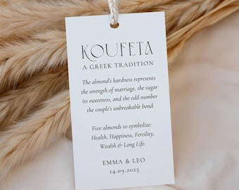 Koufeta Tag: Greek Wedding Favor Card, Favor Label for Jordan Almonds, Five Sugared Almonds for Greek Tradition, Gift for Guests Favor Tag