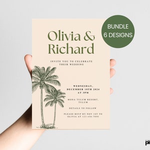 Bestemming bruiloft welkomstbrief en routesjabloon, welkomstkaart bestemming, huwelijksuitnodiging tropische palm Boho neutrale tijdlijn