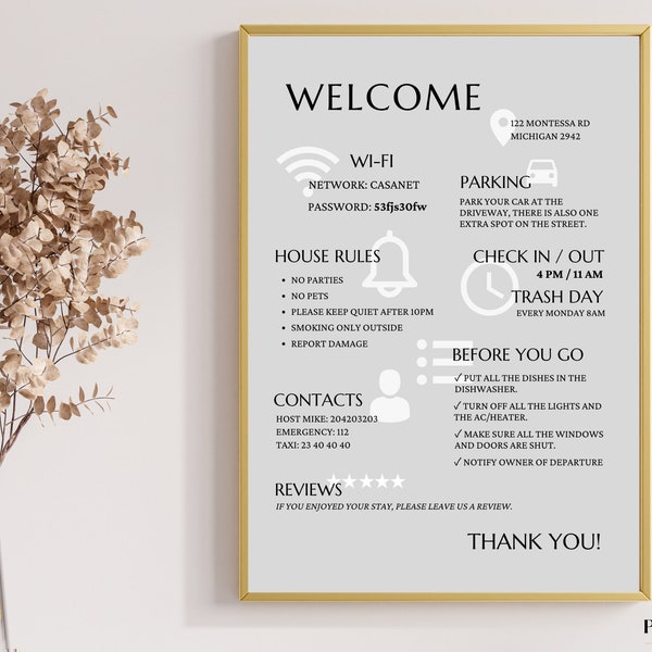 Airbnb welcome sign, editable template, welcome book, vacation rental poster, house rules, WiFi and checkout instructions signage, vrbo