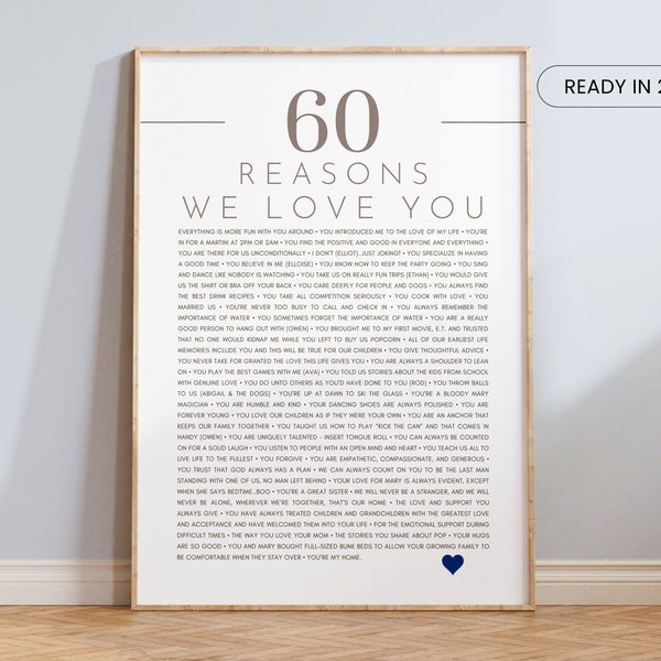 60 Reasons We Love You Digital, 50 Reasons we love you Printable PDF, Personalized Poster, Custom 40th Birthday Gift, 60th Anniversary Gift
