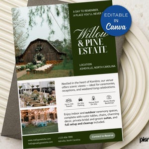 以下が含まれることがあります： 結婚式場を宣伝する広告で、花の装飾と屋外席のある納屋が特徴です。「Willow & Pine Estate」というテキストと、屋内と屋外の儀式スペース、ノースカロライナ州アッシュビルにある場所などの会場の詳細が記載されたチラシです。