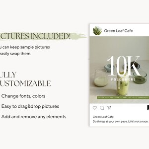 Pode incluir: Gr&aacute;fico de postagem do Instagram com um logotipo de caf&eacute; de folha verde, uma foto de um latte matcha e o texto "10k Followers". A legenda diz "Green Leaf Cafe. Fa&ccedil;a as coisas no seu pr&oacute;prio ritmo. A vida n&atilde;o &eacute; uma corrida."