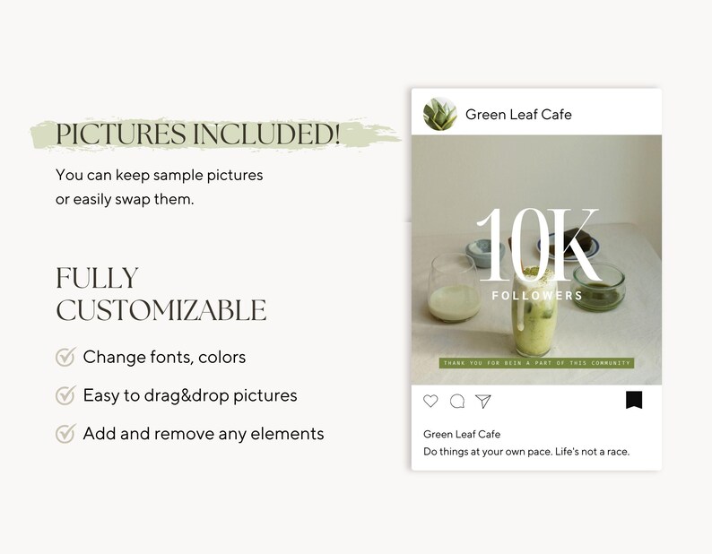 Pode incluir: Gr&aacute;fico de postagem do Instagram com um logotipo de caf&eacute; de folha verde, uma foto de um latte matcha e o texto "10k Followers". A legenda diz "Green Leaf Cafe. Fa&ccedil;a as coisas no seu pr&oacute;prio ritmo. A vida n&atilde;o &eacute; uma corrida."