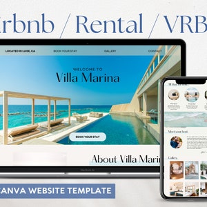 May include: A website template for a holiday rental property called Villa Marina. The website is designed in a modern style with a blue and white colour scheme. The website features a large image of a swimming pool and a patio area with lounge chairs. The website also includes text that says "Welcome to Villa Marina" and "Book Your Stay".