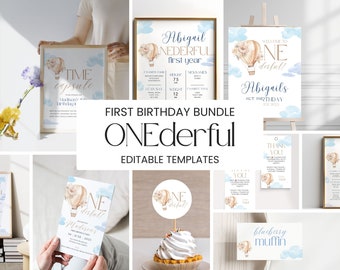 First Birthday Bundle with Hot Air Balloon Theme, 1st Birthday Decoration, First Birthday Girl, Sun, Miss Onederful Party, Birthday Boy