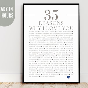 24H READY Reasons Why I Love You Poster Customized for 35th Anniversary Birthday Gift for Wife / Husband / Couple Print at Home Last Minute