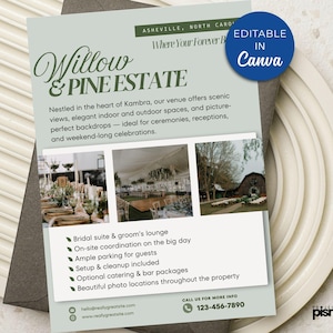 以下が含まれることがあります： ノースカロライナ州アッシュビルにある会場、Willow & Pine Estateの薄緑色のチラシ。会場の写真、アメニティのリスト、連絡先情報が含まれています。「EDITABLE IN Canva」というテキストが青い円の中にあります。