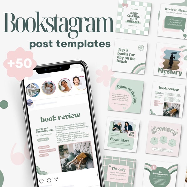 Groovy Bookstagram-berichtsjablonen, Instagram-berichtsjablonen, blozen groene bundelberichten en hoogtepuntomslagen, boekblogger IG, leesachtig schattig