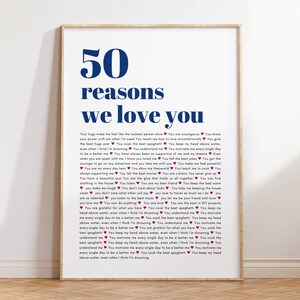 Vaders 50e verjaardagscadeau, gepersonaliseerde poster met 50 redenen waarom we van je houden, typografieposter, KLAAR IN 24 UUR, aangepast verrassingscadeau van kind