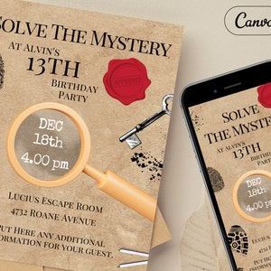 Escape Room Invitation, Editable Template, Escape Game Party Activity Invite, Printable Card, Adult or Kids Party, Solve Mystery Mobile JPEG